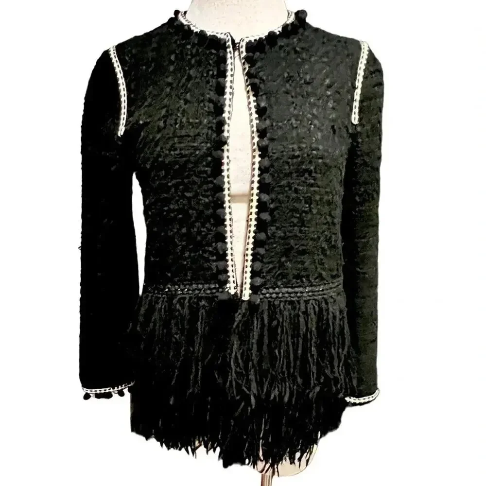 Zara Tweed Fringe Pom Pom Tassels Lined Boucle Jacket Blazer Black Size XS